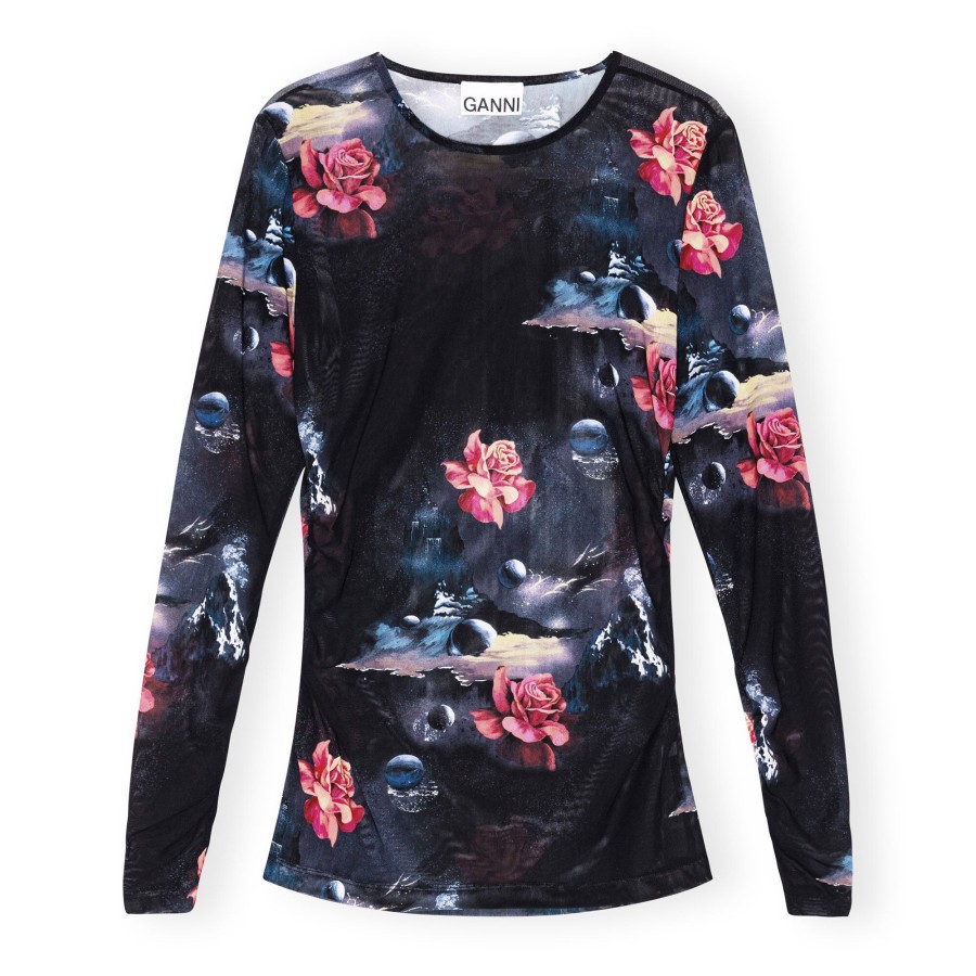 Clothing Ganni | Printed Mesh Long Sleeve Gathered Blouse Black