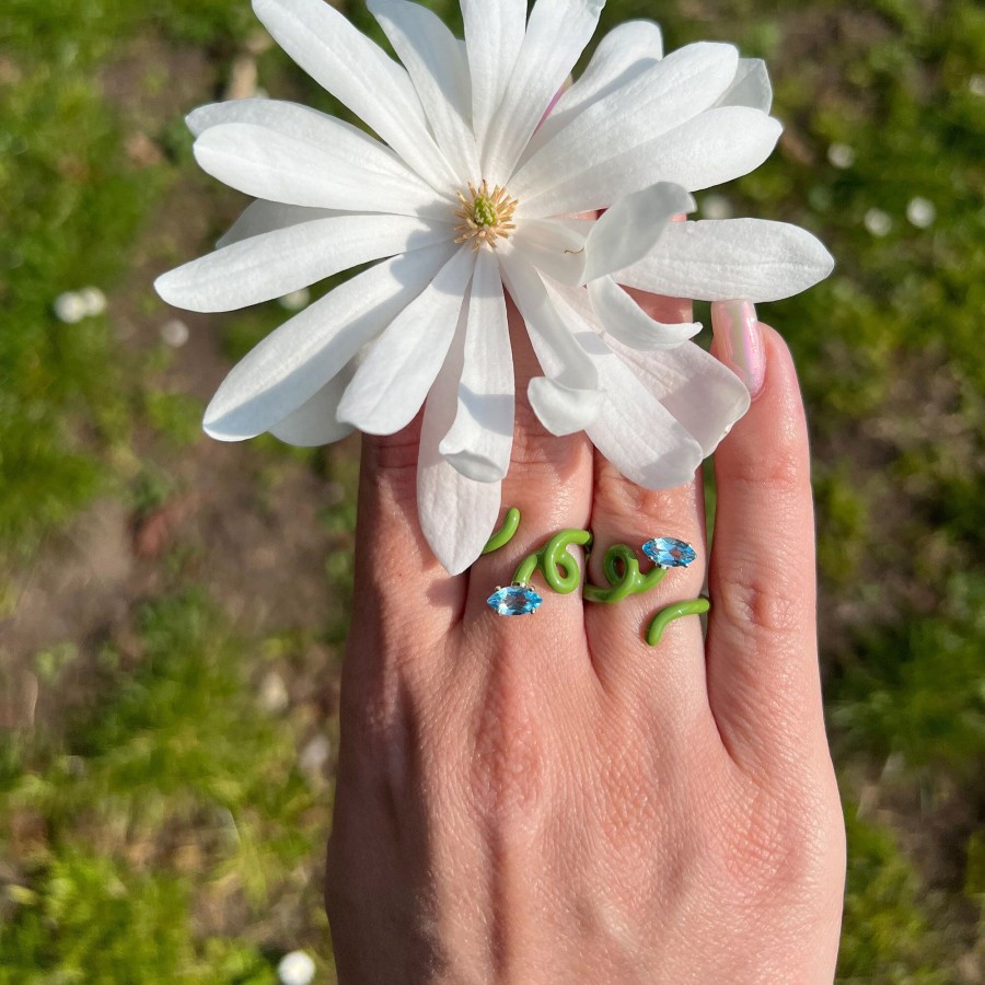 Jewelry Bea Bongiasca | Baby Vine Blue Topaz Tendril Ring Pistachio