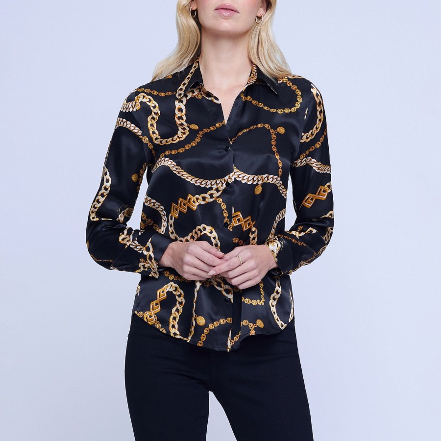 Clothing L'Agence | Tyler Status Silk Shirt Black Gold Classic Chain