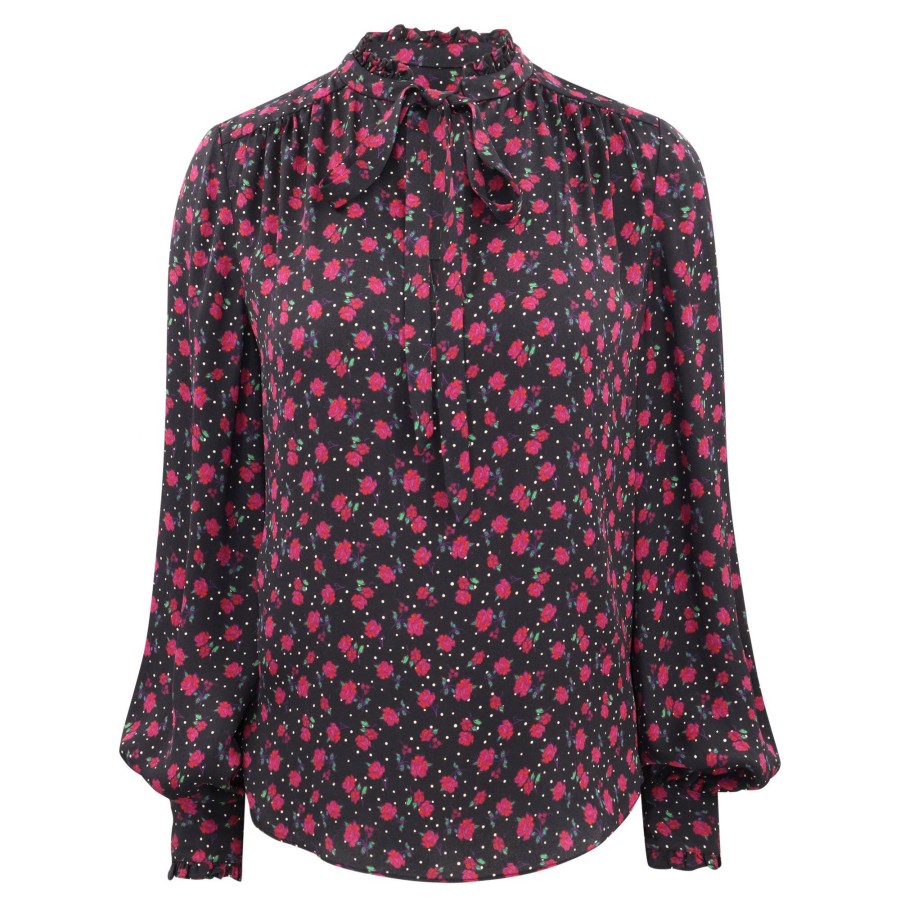Clothing Veronica Beard | Louama Floral Long-Sleeve Self-Tie Blouse Black Multi