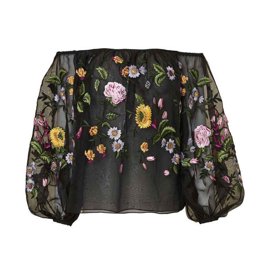 Clothing Carolina Herrera | Floral-Embroidered Puff Sleeve Top Black