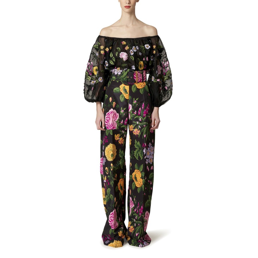 Clothing Carolina Herrera | Floral-Embroidered Puff Sleeve Top Black