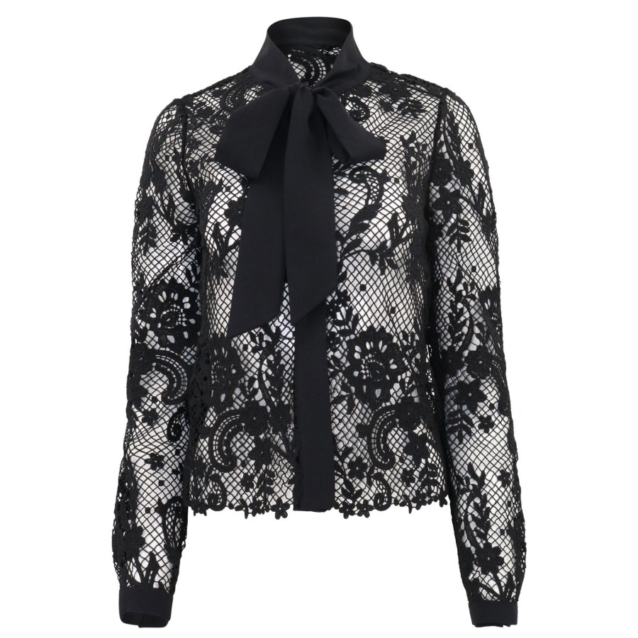 Clothing Self-Portrait | Lace Tie-Bow Shirt Black