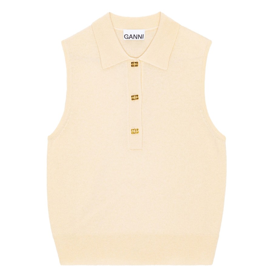 Clothing Ganni | Cashmere Mix Sleeveless Polo Alabaster Gleam