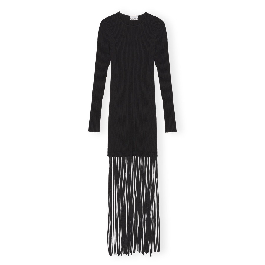 Clothing Ganni | Melange Knit Fringe Mini Dress Black