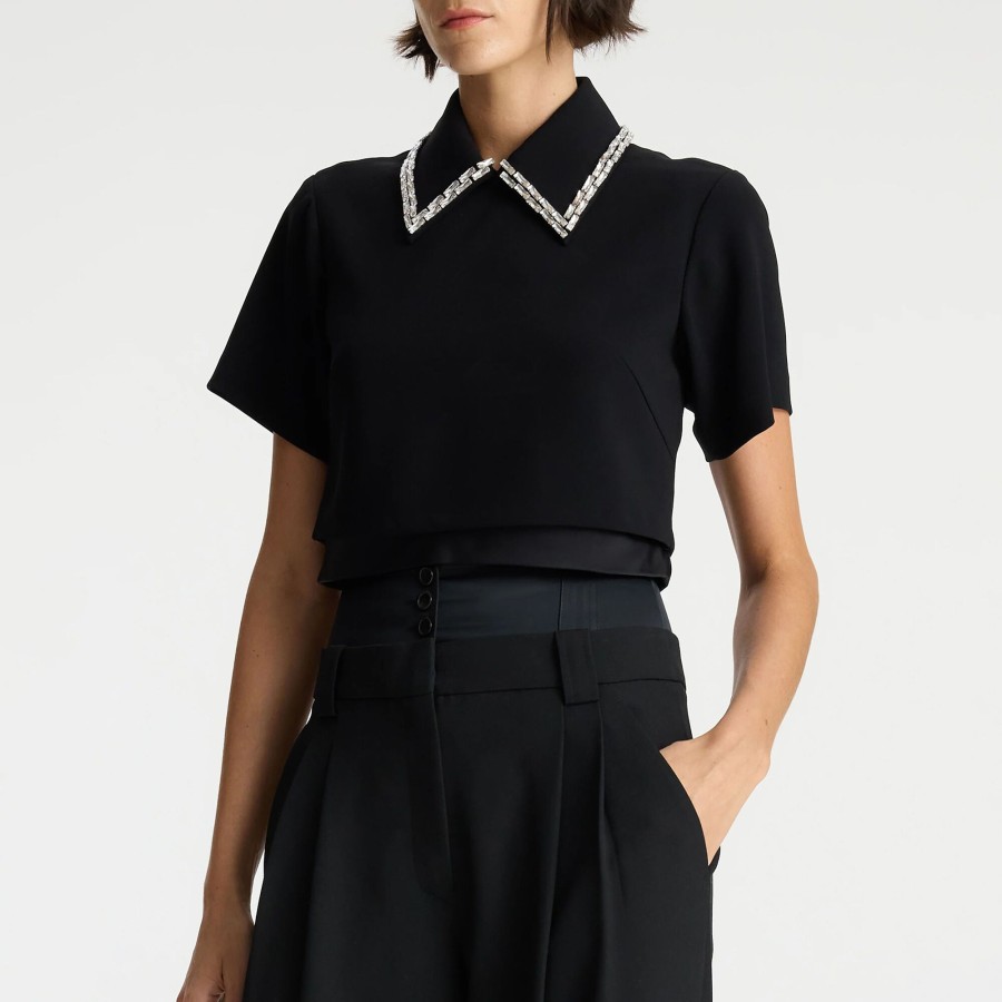 Clothing A.L.C. | Lark Embellished Satin Contrast Top Black