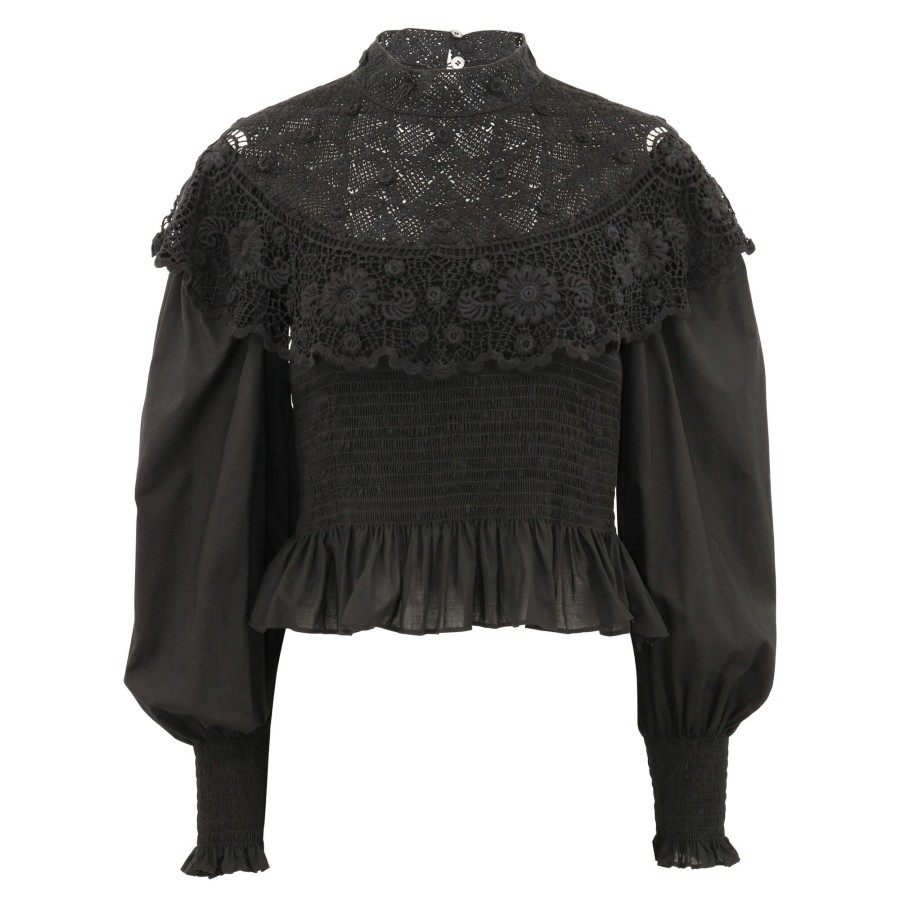 Clothing Sea | Serita Crochet Lace Long Sleeve Top Black