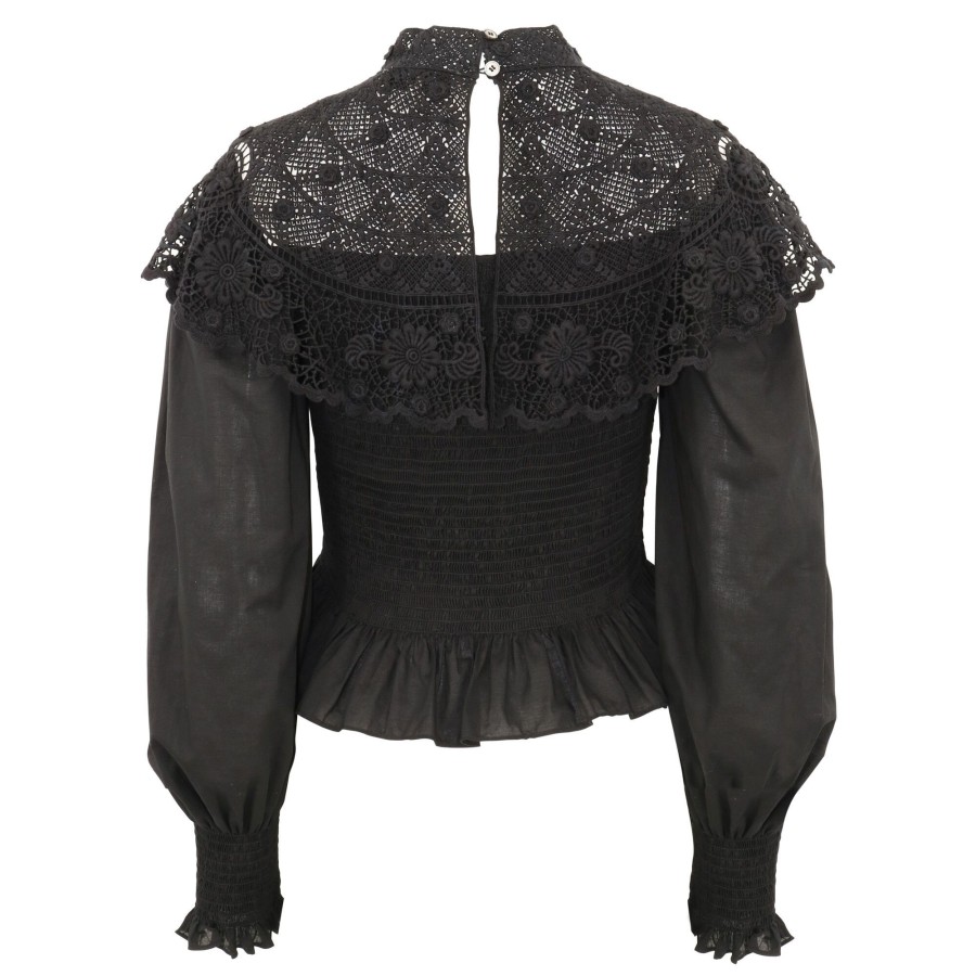 Clothing Sea | Serita Crochet Lace Long Sleeve Top Black