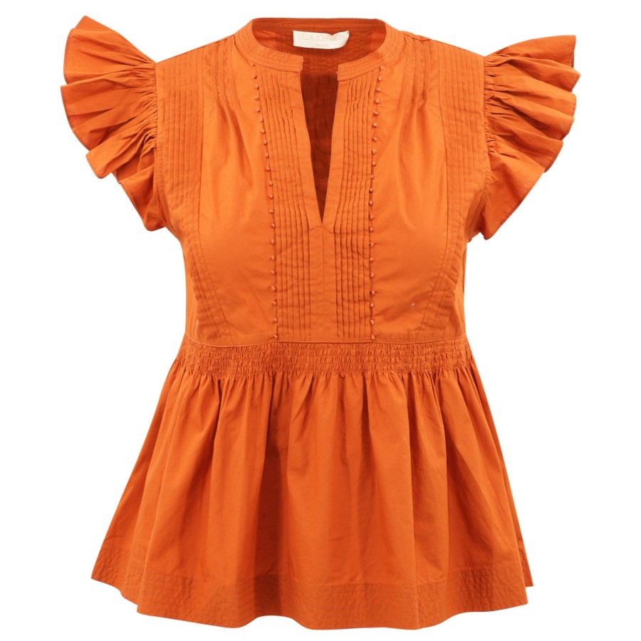 Clothing Ulla Johnson | Luise Ruffle-Sleeve Cotton Poplin Top Saffron