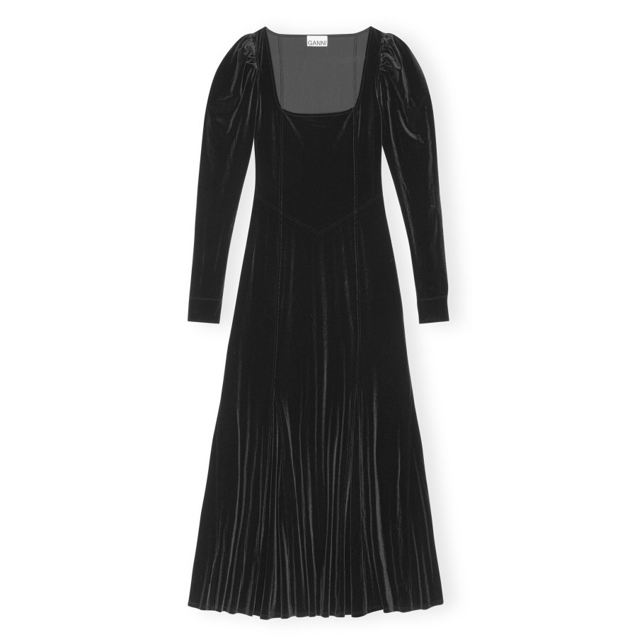 Clothing Ganni | Velvet Jersey Puff Sleeve Maxi Dress Black