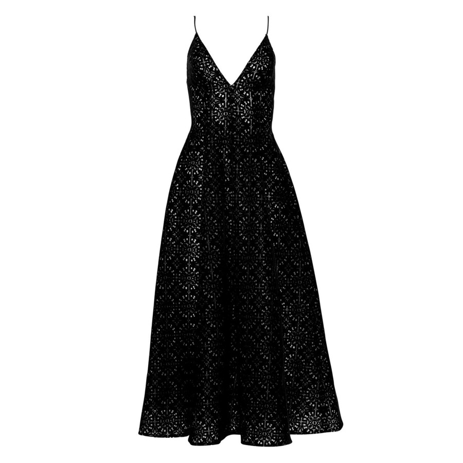 Clothing Lela Rose | V-Neck Lace Midi Dress Black