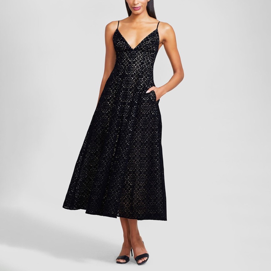 Clothing Lela Rose | V-Neck Lace Midi Dress Black