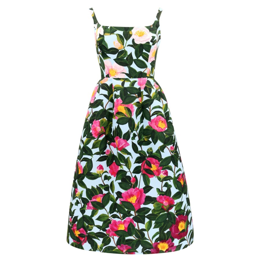 Clothing Oscar de la Renta | Scoop-Neck Camellias Faille Sleeveless Midi Dress Pink/Pale Blue