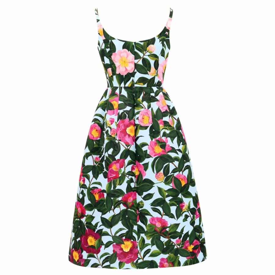 Clothing Oscar de la Renta | Scoop-Neck Camellias Faille Sleeveless Midi Dress Pink/Pale Blue
