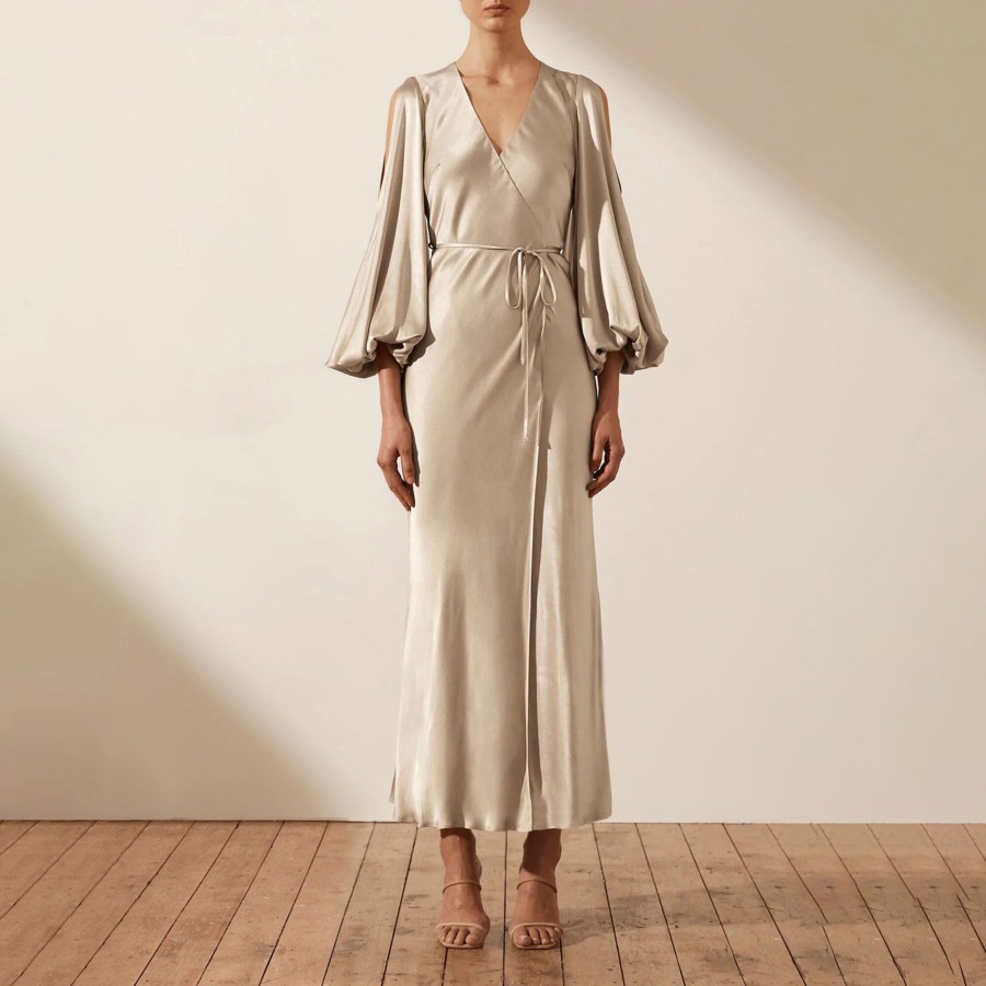 Clothing Shona Joy | La Lune Full Sleeve Wrap Midi Dress Royale Gold