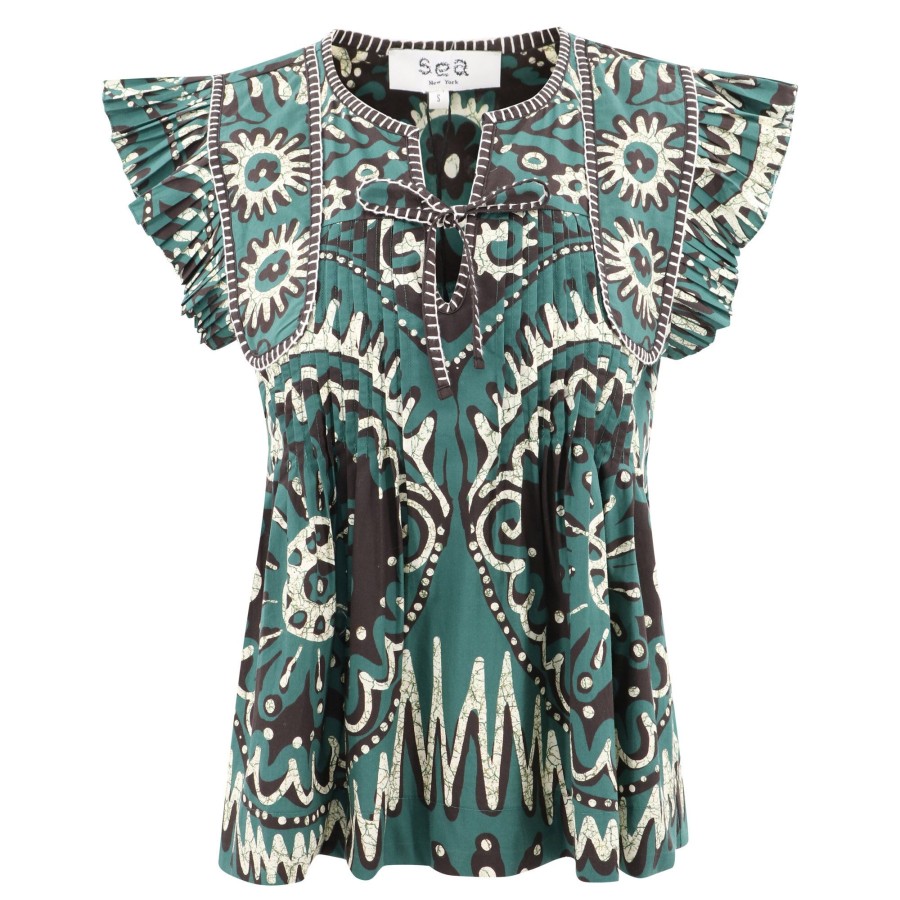 Clothing Sea | Charlough Print Flutter Sleeve Top Green