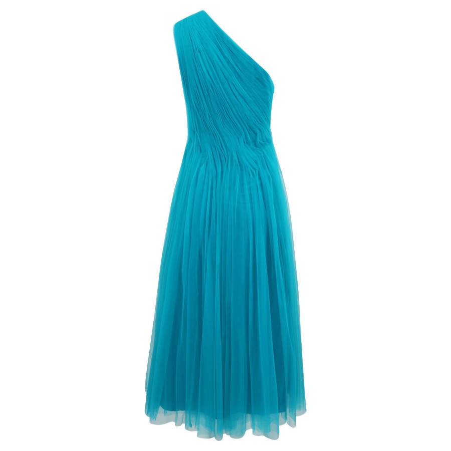 Clothing Zac Posen | Ruched One-Shoulder Tulle Midi Dress Peacock