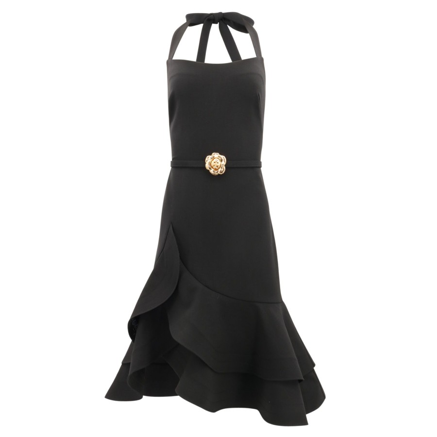 Clothing Oscar de la Renta | Floral Belt Ruffle Dress Black