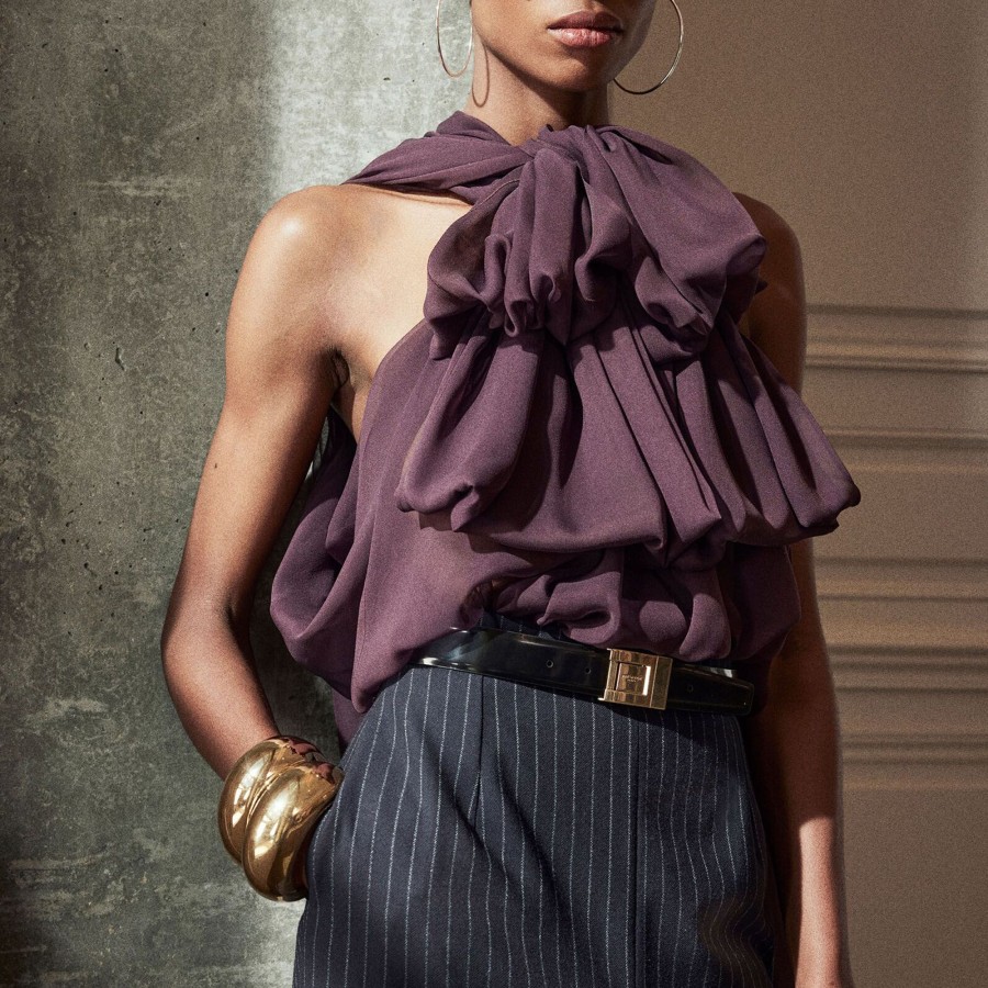 Clothing Saint Laurent | Lavalliere-Neck Silk Muslin Crepe Blouse Bordeaux Fonce