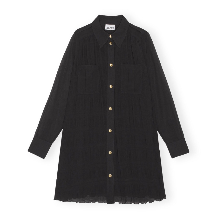Clothing Ganni | Pleated Georgette Shirt Dress Black
