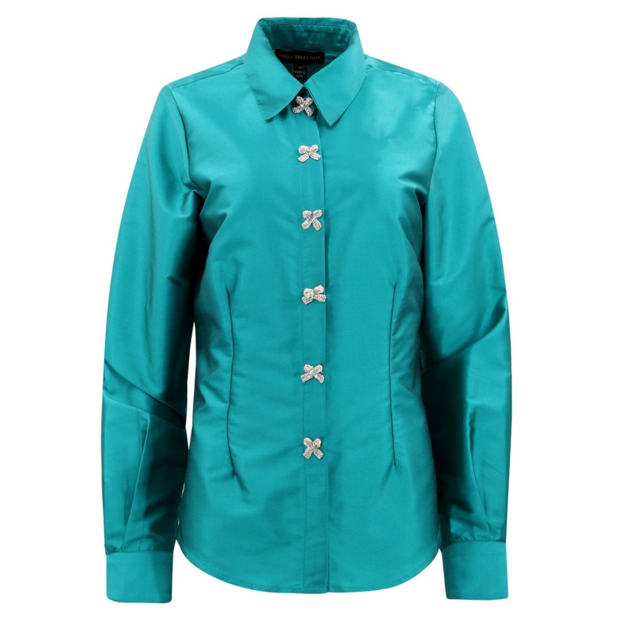 Clothing Emily Shalant | Taffeta Shirt With Crystal Bow Buttons Peacock