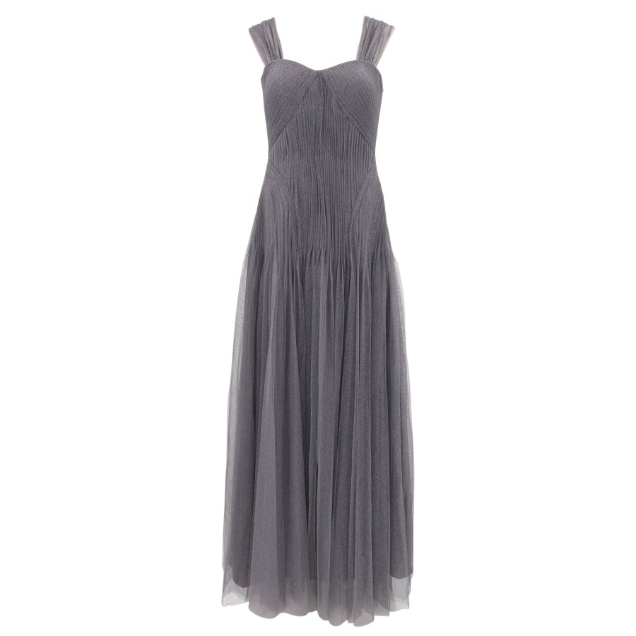 Clothing Zac Posen | Wide Strap Sleeveless Tulle Gown Silver