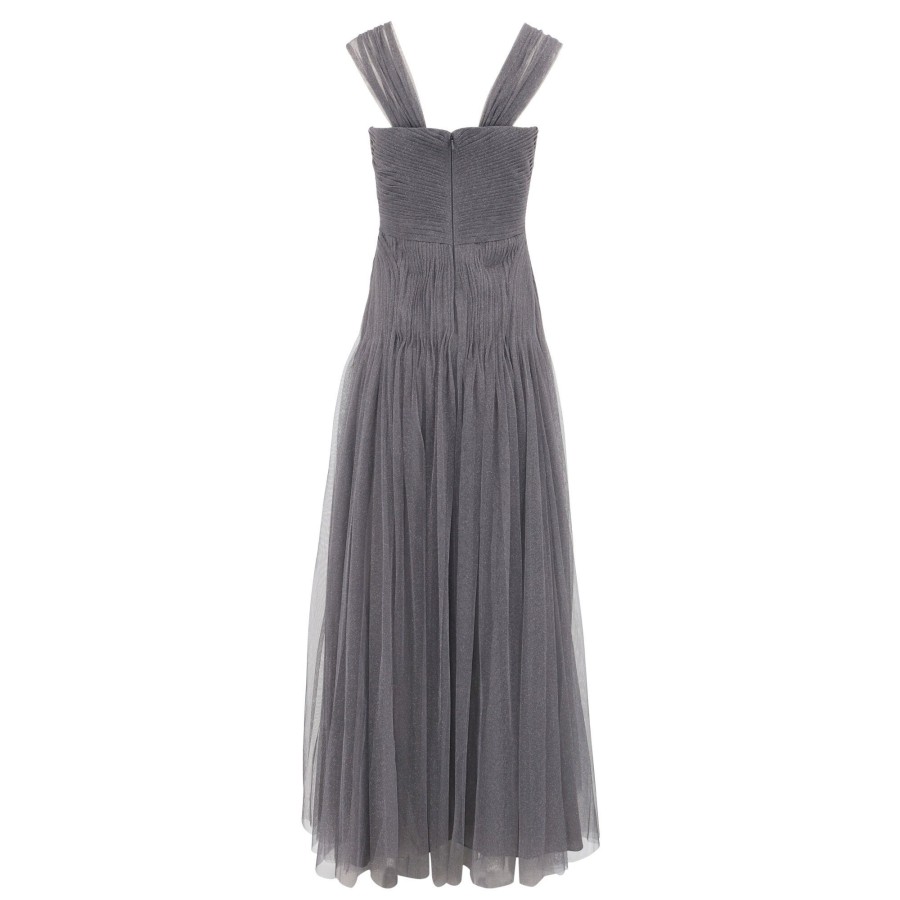 Clothing Zac Posen | Wide Strap Sleeveless Tulle Gown Silver