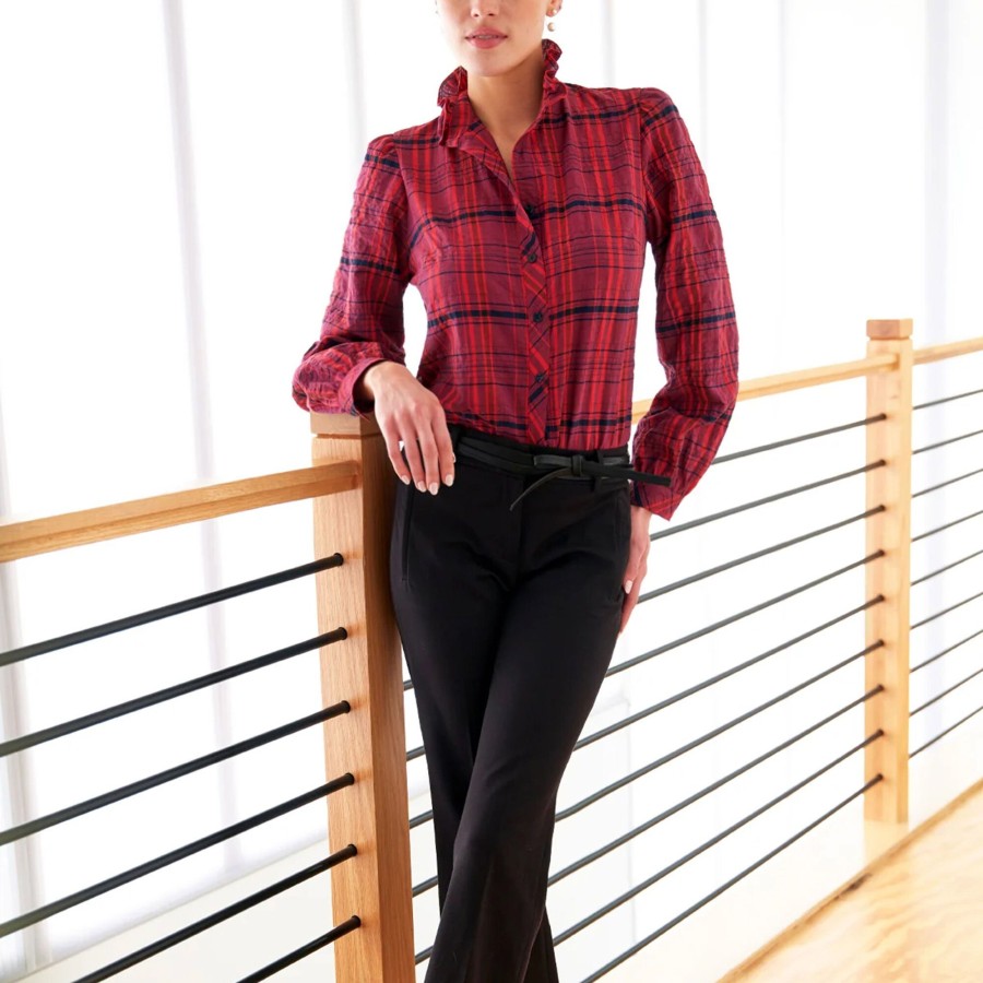Clothing Finley | Mystie Long Sleeve Plaid Blouse Cranberry
