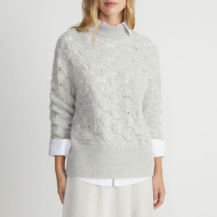 Clothing Lafayette 148 New York | Cashmere-Alpaca Lace Stitch Sweater Grey Heather