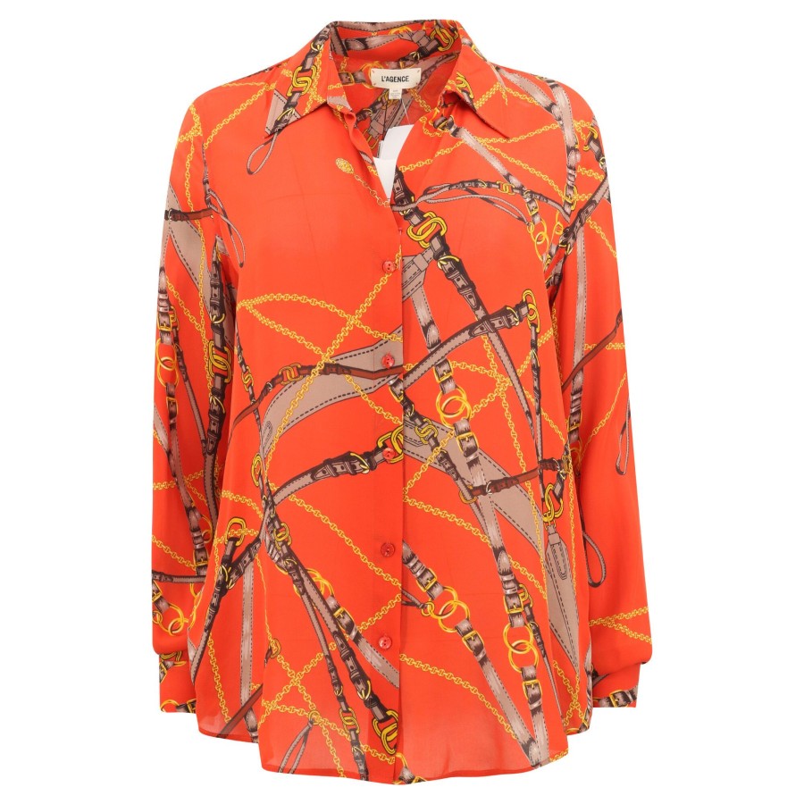 Clothing L'Agence | Nina Silk Belt-And-Chain Shirt Red Clay Multi