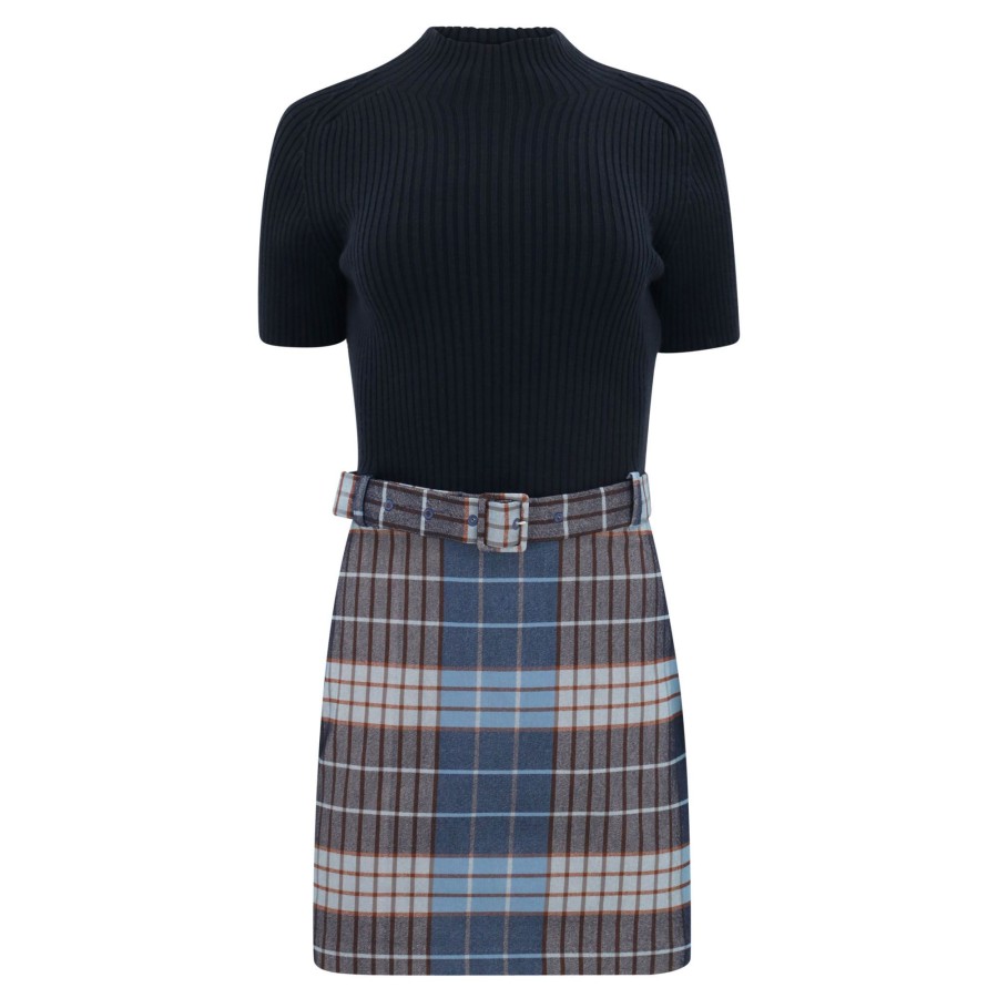 Clothing Staud | Patsy Mixed Media Dress French Blue Mega Plaid