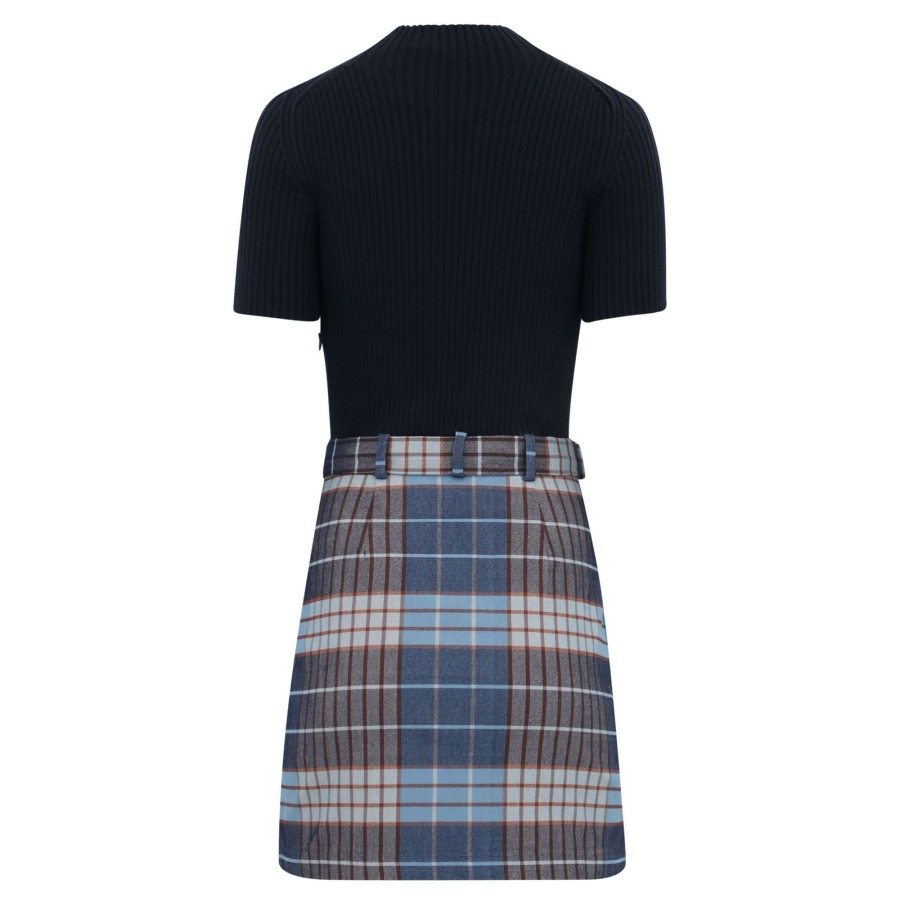 Clothing Staud | Patsy Mixed Media Dress French Blue Mega Plaid