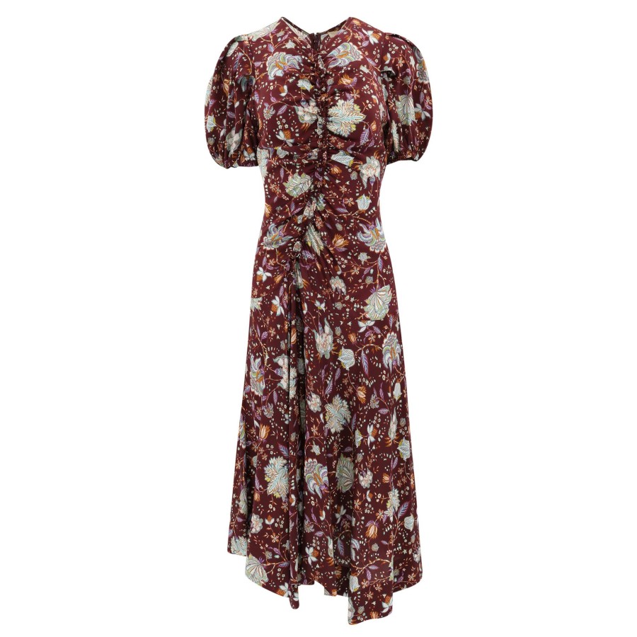 Clothing Ulla Johnson | Puff-Sleeve Floral Silk Asymmetric Midi Dress Heliotrope