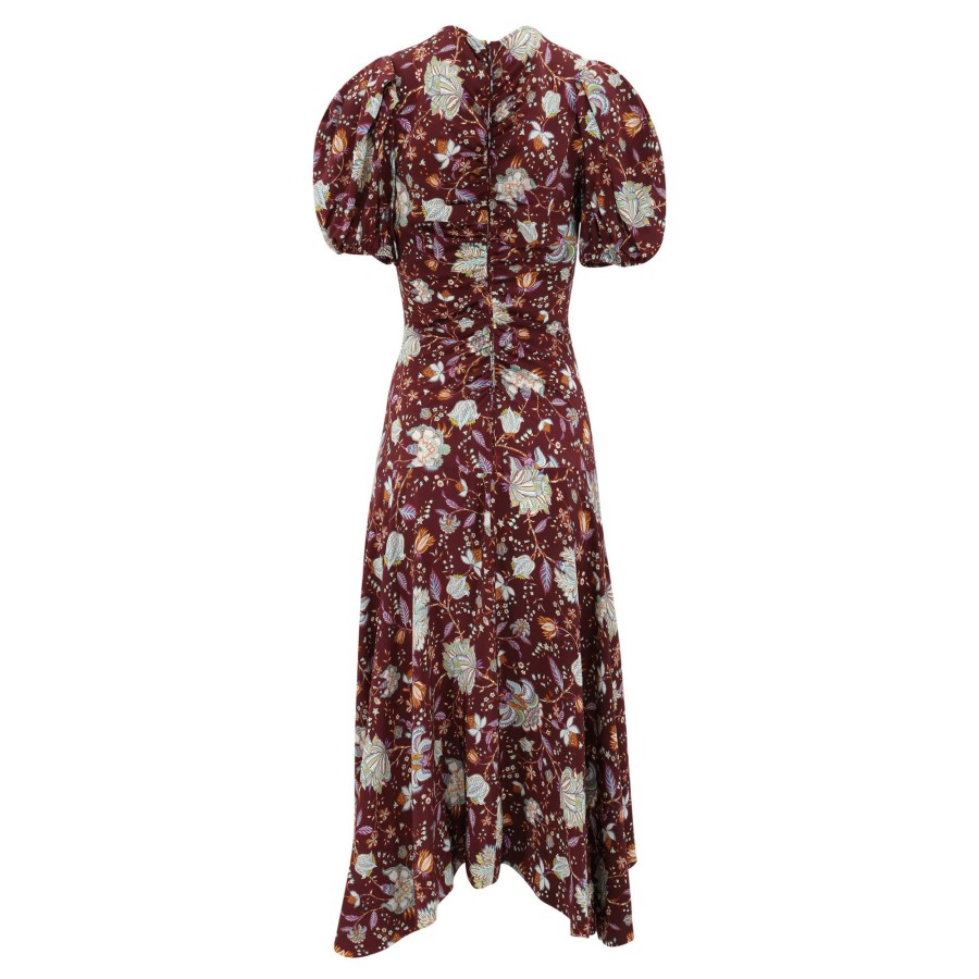 Clothing Ulla Johnson | Puff-Sleeve Floral Silk Asymmetric Midi Dress Heliotrope