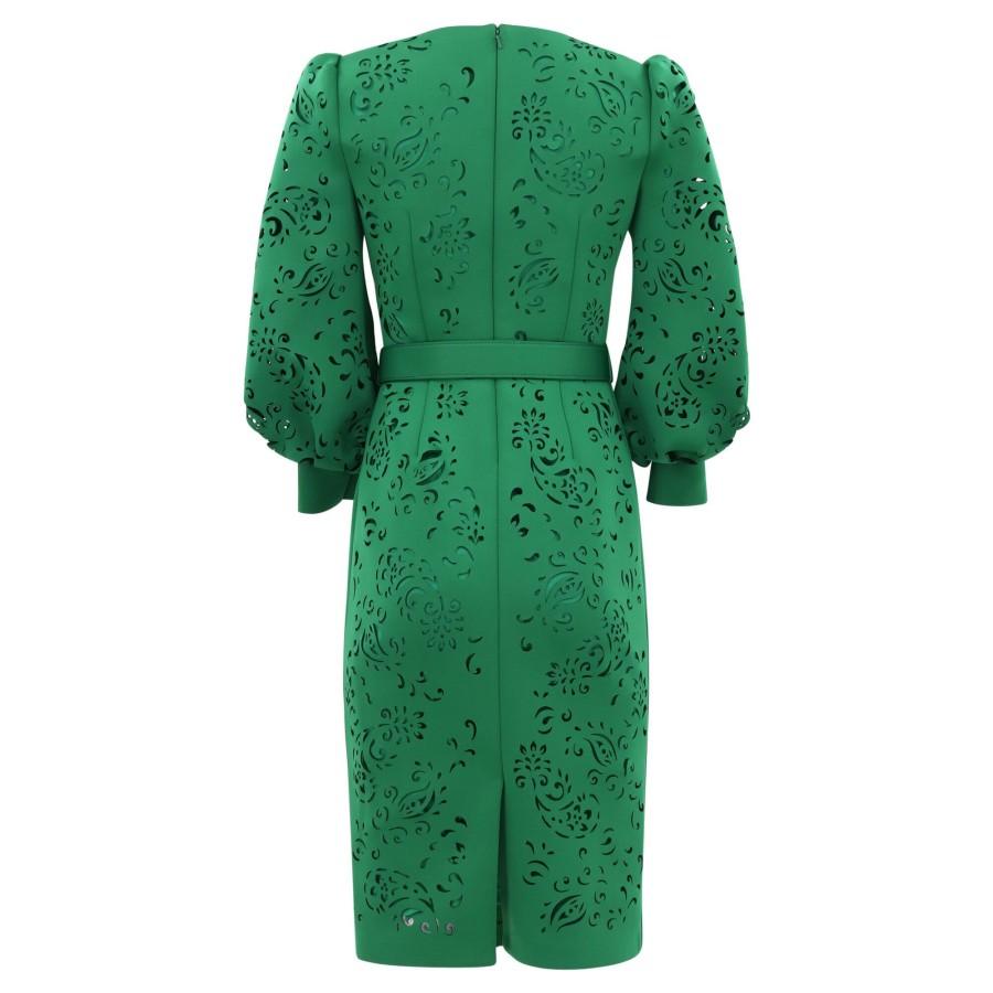 Clothing Badgley Mischka | Puff Shoulder Laser Cut Paisley Dress Green