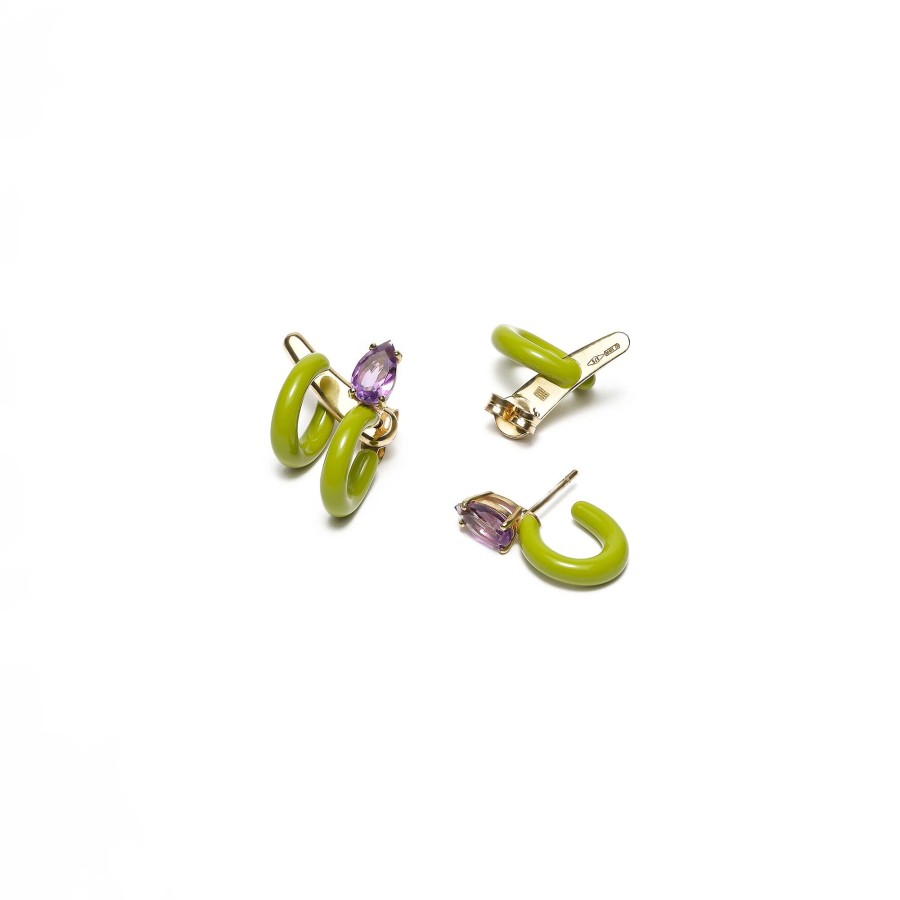 Jewelry Bea Bongiasca | Small Vine Dropcut Earrings Yellow Gold/Green