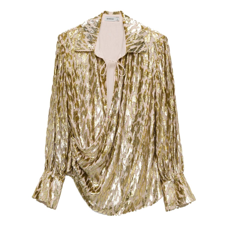Clothing Simkhai | Luella Metallic Jacquard Deep V-Neck Top Royale Gold