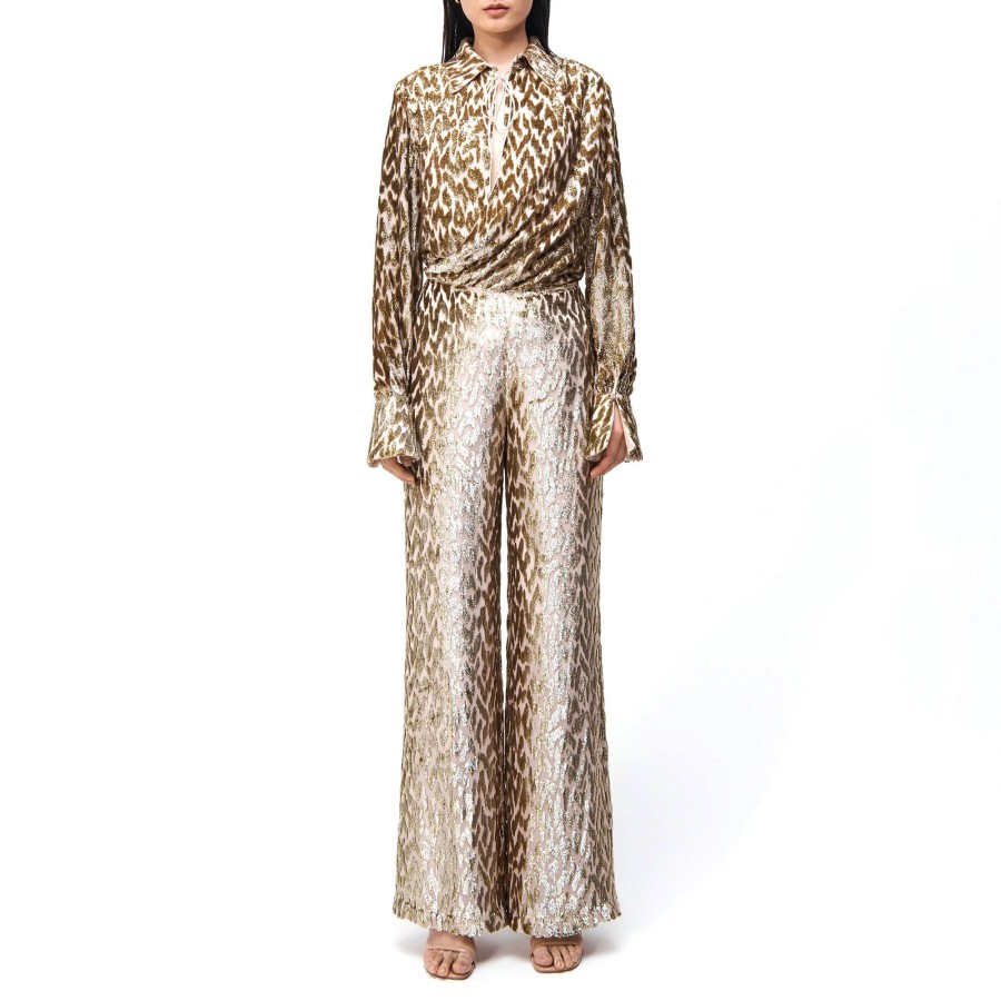 Clothing Simkhai | Luella Metallic Jacquard Deep V-Neck Top Royale Gold