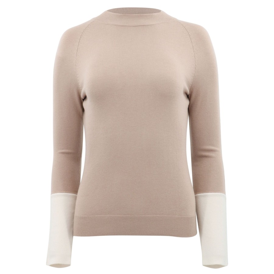 Clothing Ecru | Raglan Sleeve Colorblock Mockneck Sweater Camel Heather
