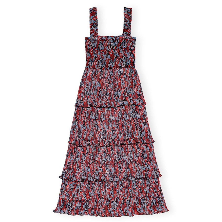 Clothing Ganni | Pleated Georgette Flounce Smock Midi Dress Red