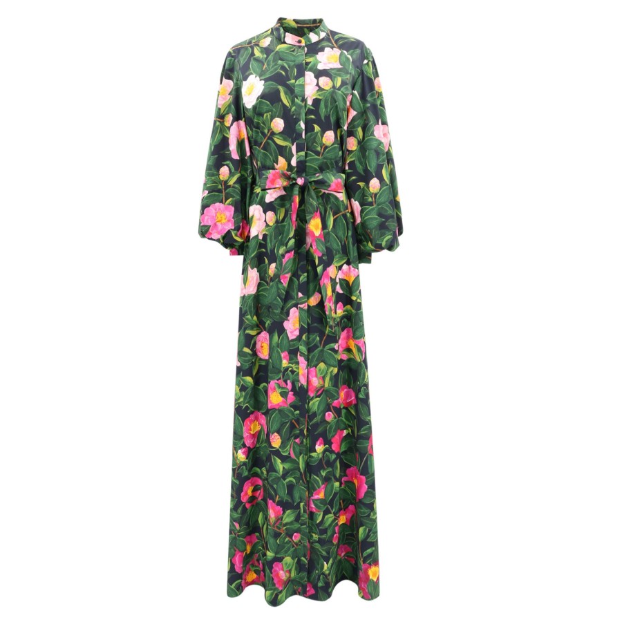 Clothing Oscar de la Renta | Balloon Sleeve Camellia Cotton Poplin Caftan Pink/Navy