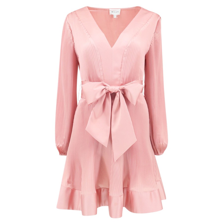 Clothing Milly | Liv Satin Pleated Dress Rose Gold
