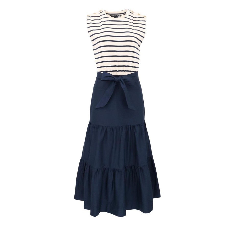 Clothing Veronica Beard | Pazila Striped Mixed-Media Dress Marine Off White