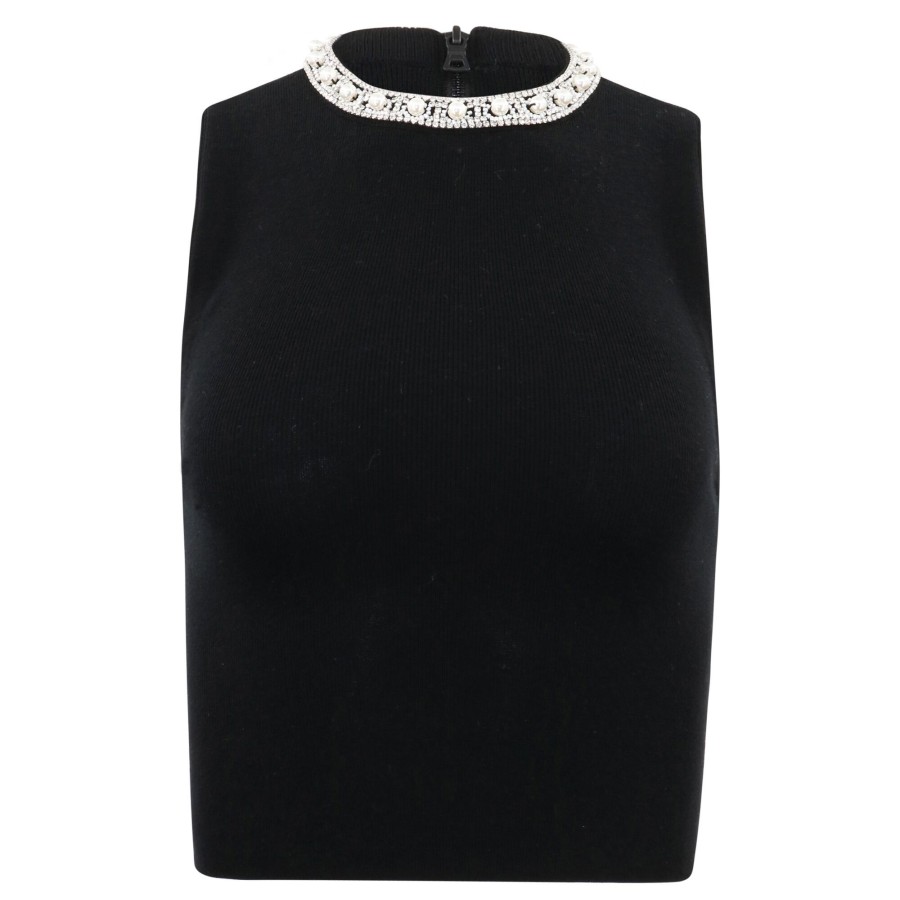 Clothing Alice + Olivia | Amity Embellished Neck Cropped Tank Black
