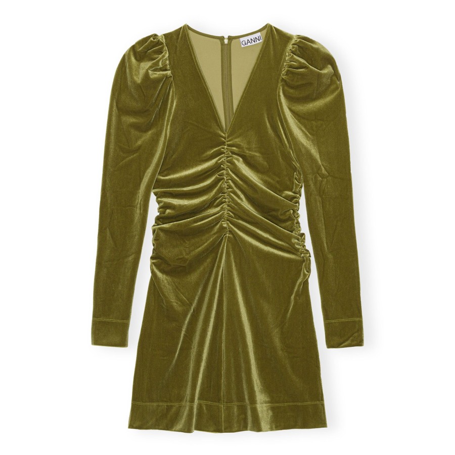 Clothing Ganni | Velvet Jersey Gathered Mini Dress Avocado