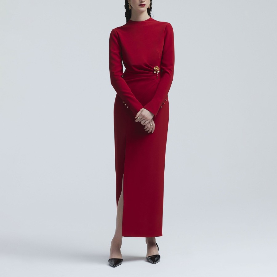 Clothing Lela Rose | Long Sleeve Draped Sheath Maxi Dress Scarlet