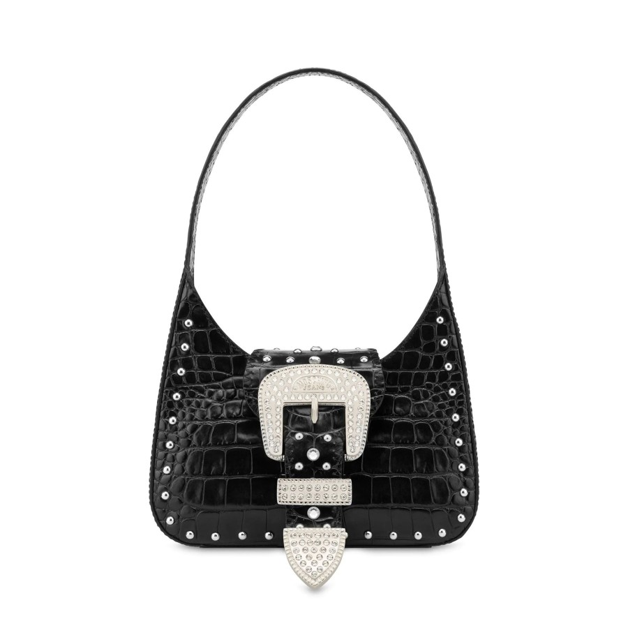 Handbags Moschino Jeans | Maxi Buckle Crocodile-Print Handbag Black
