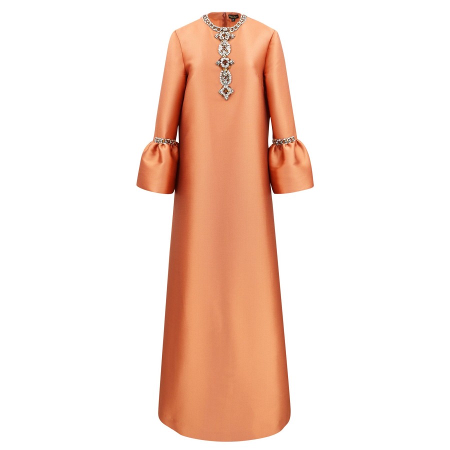 Clothing Reem Acra | Embellished Bell-Sleeve Mikado Satin Gown Brick