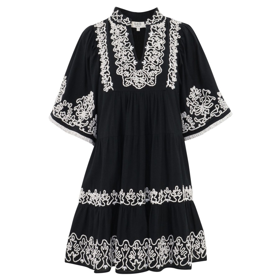 Clothing Sea | Cordera Embroidery Short Sleeve Tunic Dress Black