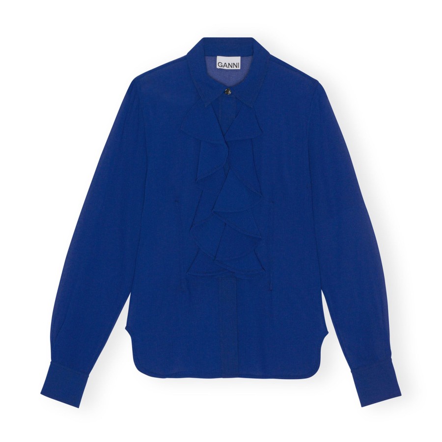 Clothing Ganni | Chiffon Ruffle Shirt Sodalite Blue